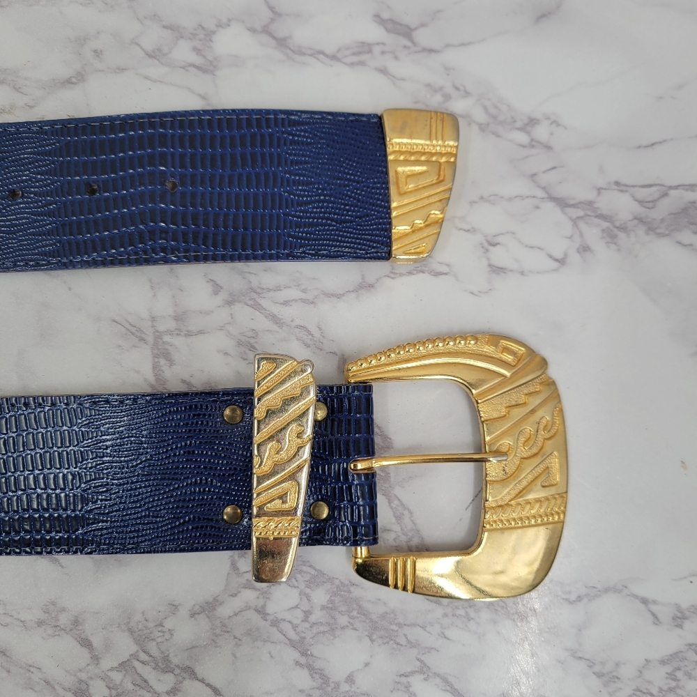 Vintage 80s Faux Lizard Embossed Blue Belt with Oversized Gold Buckle - Picture 3 of 11